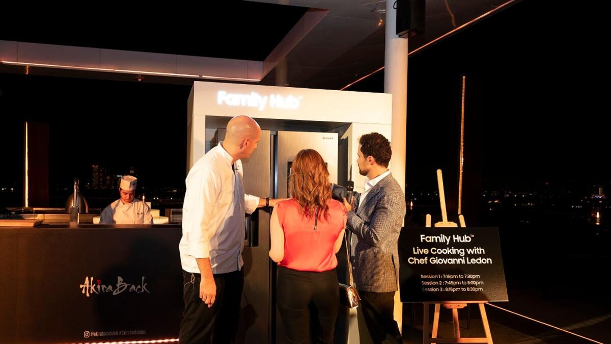 Chef Giovanni Ledon at the launch of SmartThings Energy, demonstrates the Smart Hub refrigerator. — Supplied photo