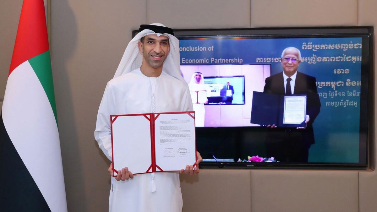 The successful conclusion of negotiations was confirmed with the signing of a joint statement by Dr. Thani bin Ahmed Al Zeyoudi, UAE Minister of State for Foreign Trade, and PAN Sorasak, Cambodia’s Minister of Commerce. - Supplied photo