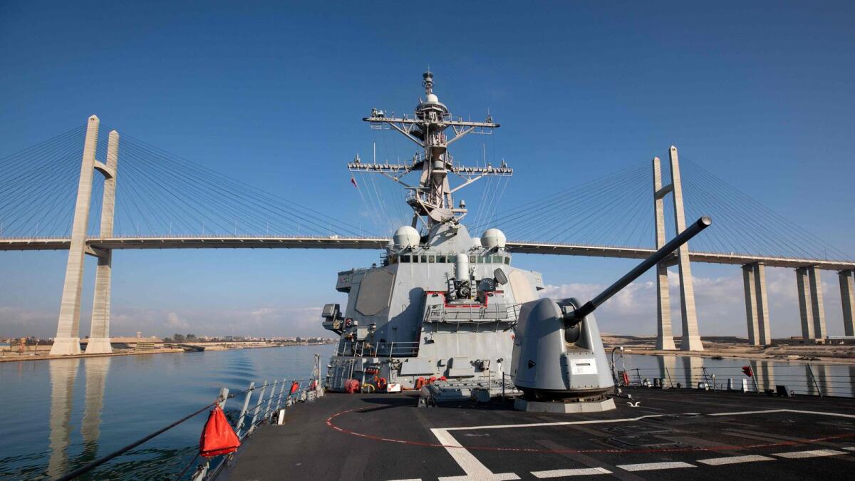 The Arleigh Burke-class guided-missile destroyer USS Laboon transits the Suez Canal last month. — AFP