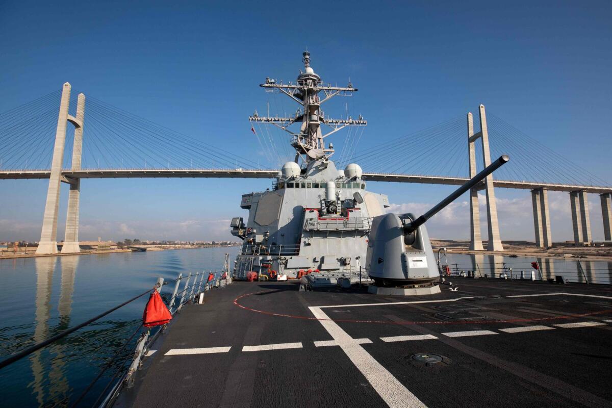 The Arleigh Burke-class guided-missile destroyer USS Laboon transits the Suez Canal on December 18, 2023.  — AFP file