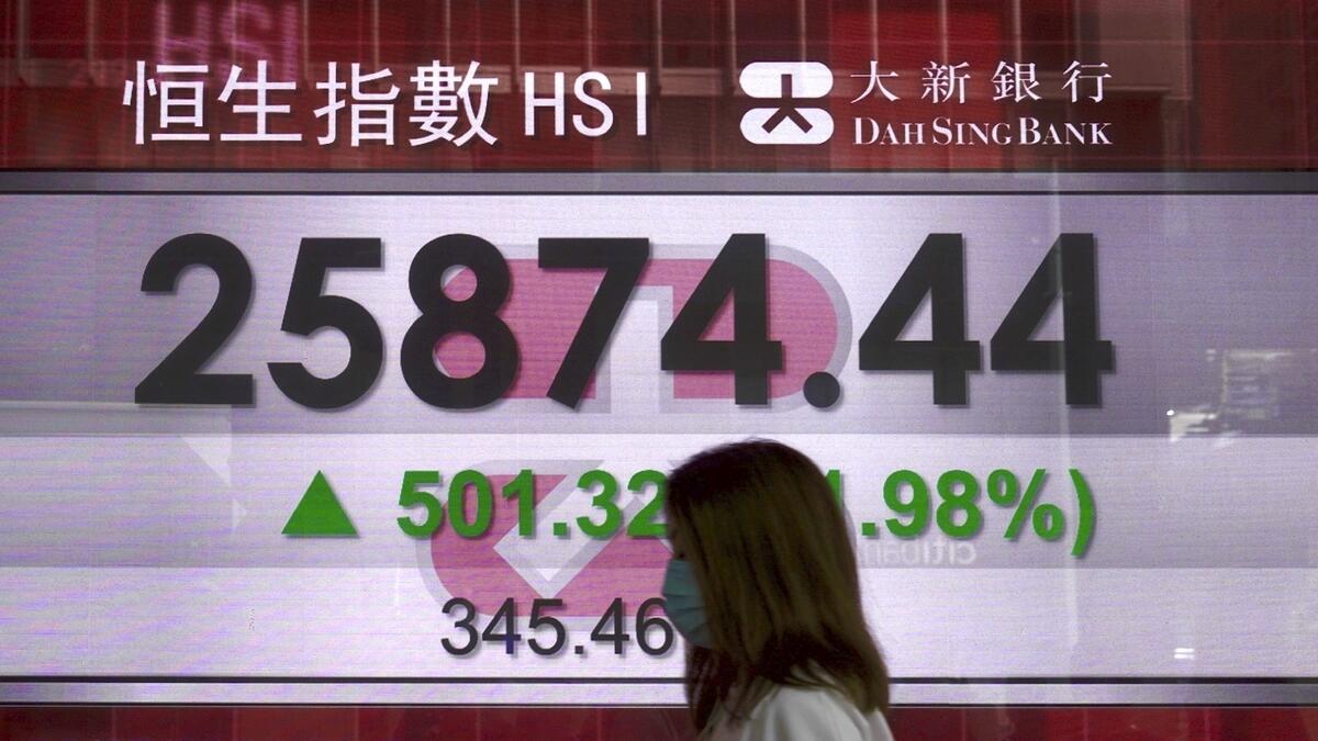 A woman wearing a face mask walks past a bank's electronic board showing the Hong Kong share index at Hong Kong Stock Exchange on Monday. -  AP