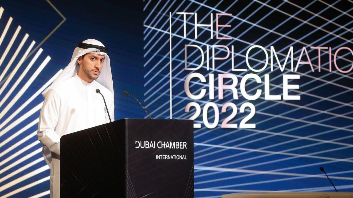 Juma Mohammed Al Kait, assistant undersecretary for International Trade Sector — UAE Ministry of Economy, addressing the Diplomatic Circle Dinner 2022.