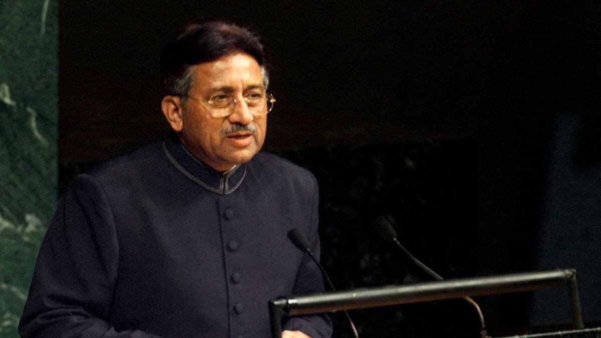 Musharraf is seen addressing the 56th United Nations General Assembly in 2001
