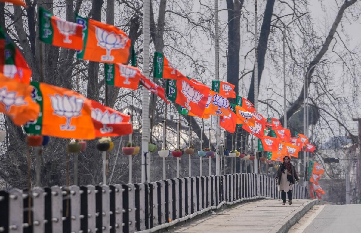 India's ruling Bharatiya Janata Party (BJP) party flags displayed in Srinagar. Photo: AP