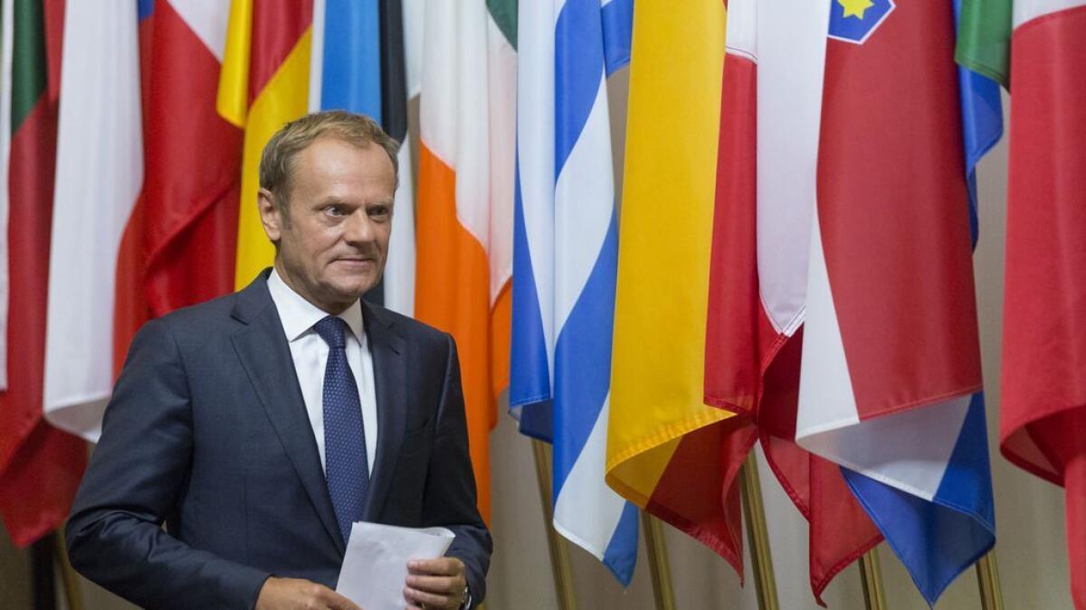 European Council President Donald Tusk prepares to address a media conference at the EU Council building in Brussels on Friday, June 24, 2016.