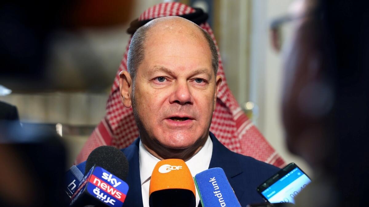 Olaf Scholz speaking to the media during the G20 finance ministers and central bank governors meeting in Riyadh on Saturday.