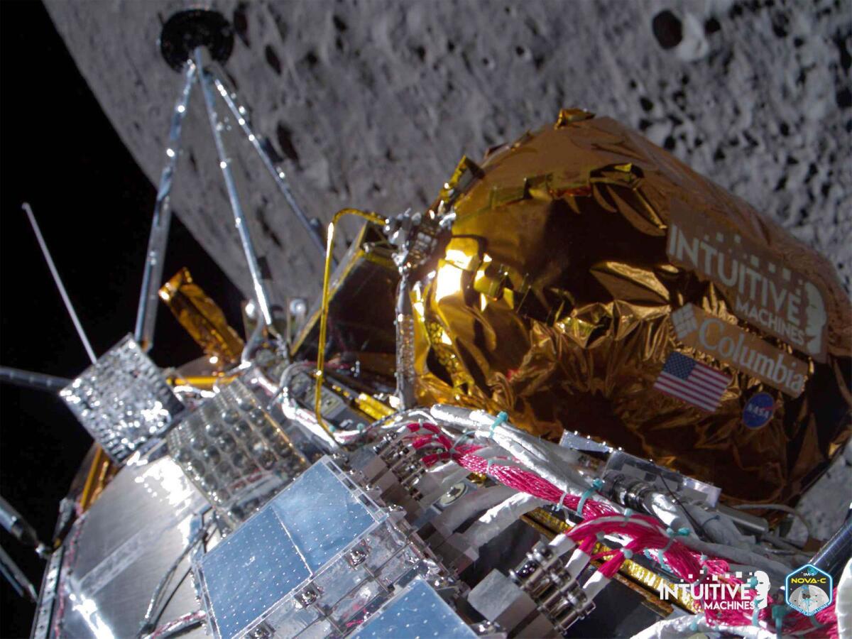 This image provided by Intuitive Machines shows its Odysseus lunar lander over the near side of the moon following lunar orbit insertion on Wednesday. — AP