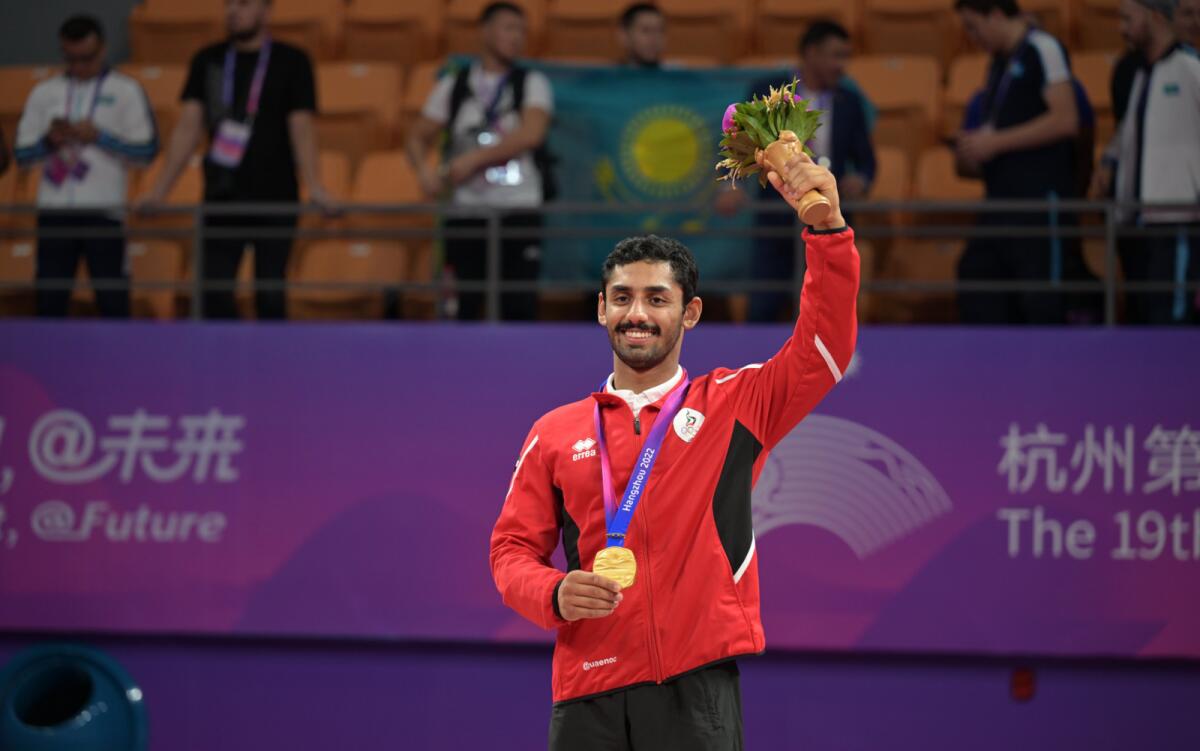 Khaled Al-Shehhi celebrates on the podium after winning the n the 62 kg weight category on the first day of the jiu-jitsu competitions. - X