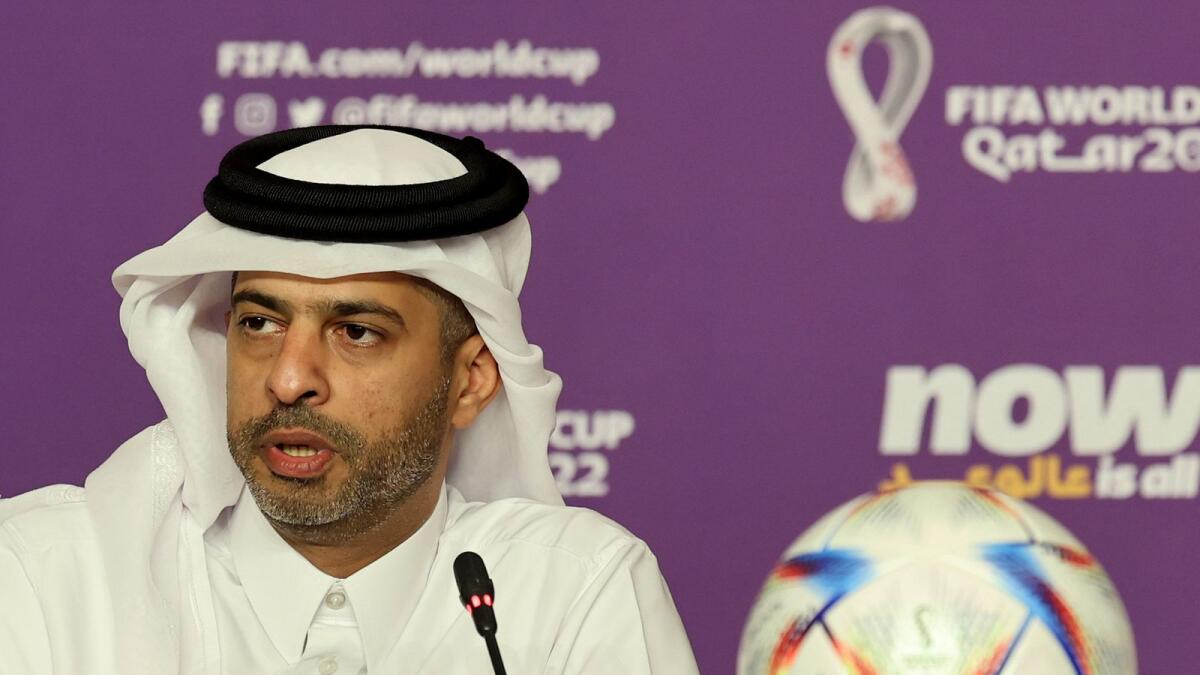 Nasser Al Khater, the chief executive of the 2022 Fifa World Cup organising committee, during a press conference in Doha on Monday. — AFP