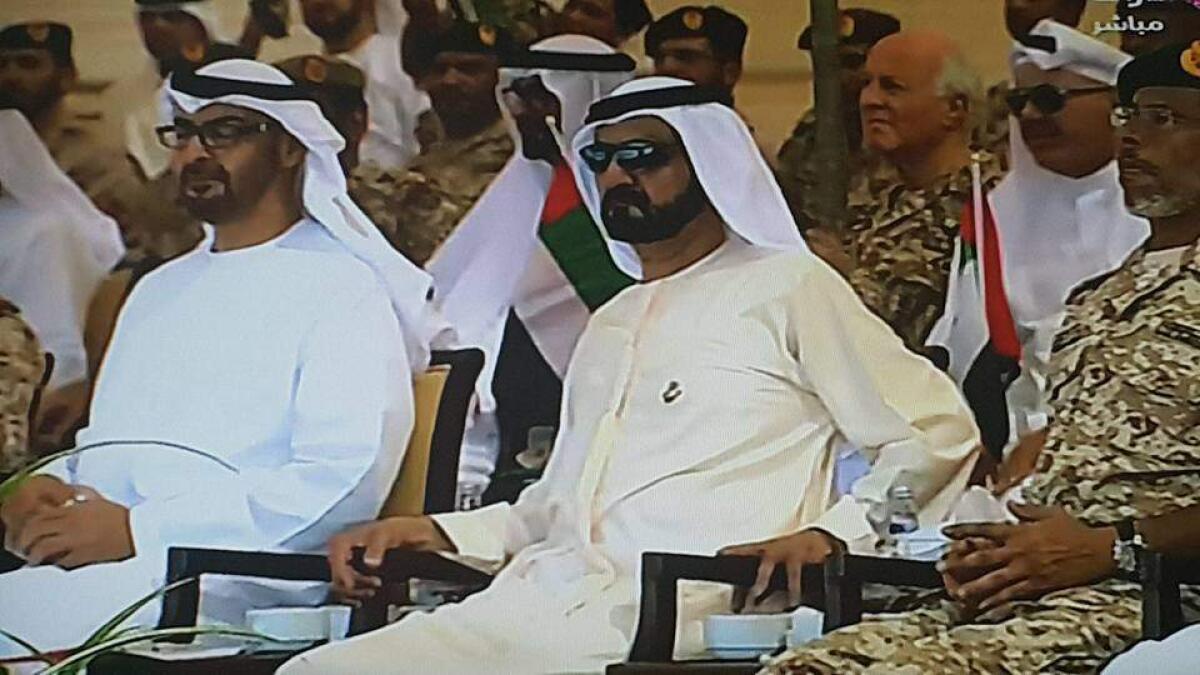 Shaikh Mohammed and Mohammed bin Zayed witness the arrival of UAE soldiers at Zayed Military CityImages via Abu Dhabi TV