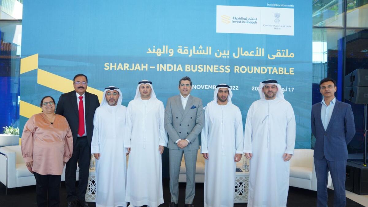 Ahmed Obaid Al Qaseer, Acting CEO of Shurooq; Dr. Aman Puri, Consul General of India; Mohamed Juma Al Musharrkh, CEO, Sharjah FDI Office (Invest in Sharjah); Hussein Al Mahmoudi, CEO, SRTIP; Shihab Alhammadi, Managing Director, Shams and Dr. Sunny Kurian MBBS, MD, Founder Chairman of Dr. Sunny Healthcare Group; Dheeraj Aggarwal, Co-Founder and CEO at Altruist Technologies and K. Kalimuthu, Consul at the Consulate General of India - Dubai. - Supplied photo