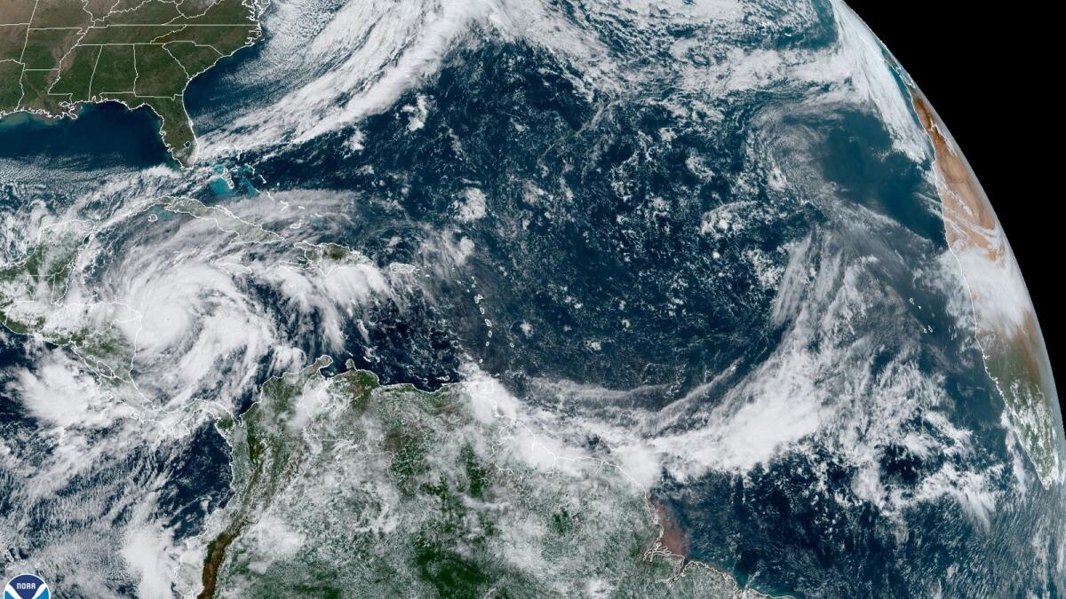 Hurricane Eta is seen churning in the Caribbean Sea toward Nicaragua in this satellite image taken November 2, 2020 over the Gulf of Mexico.