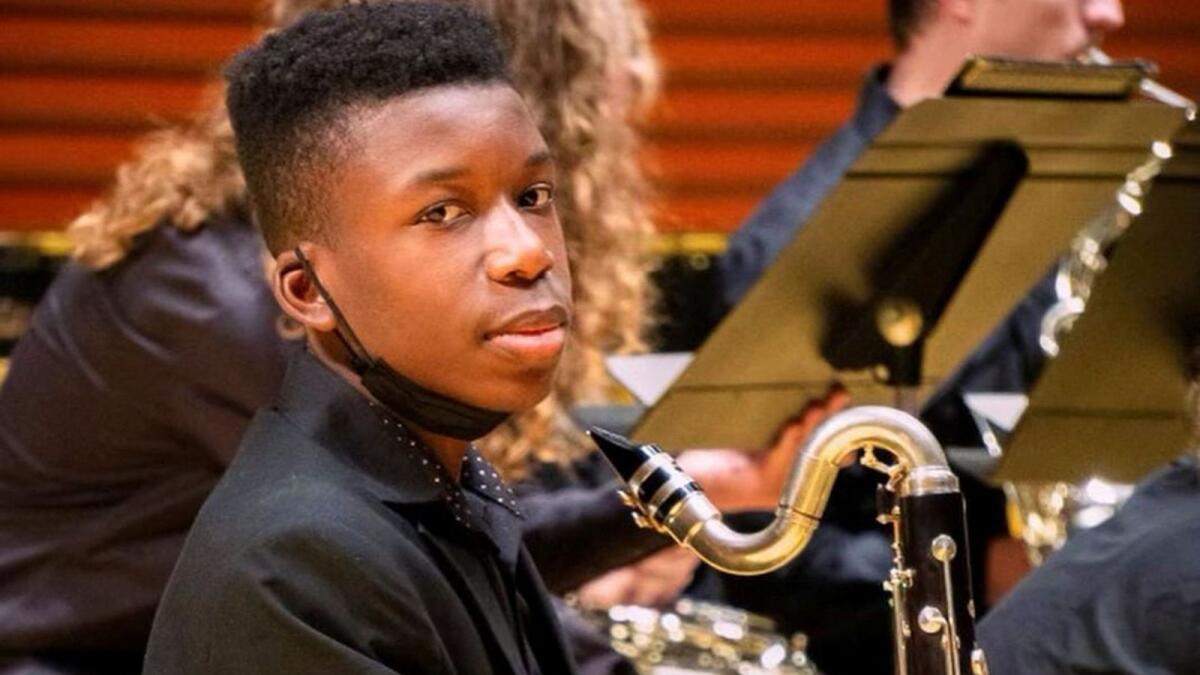 Ralph Yarl, a Black 16-year-old who was shot and wounded by a homeowner after mistakenly going to the wrong house to pick up his siblings, holds a bass clarinet in this picture obtained from social media. — Reuters