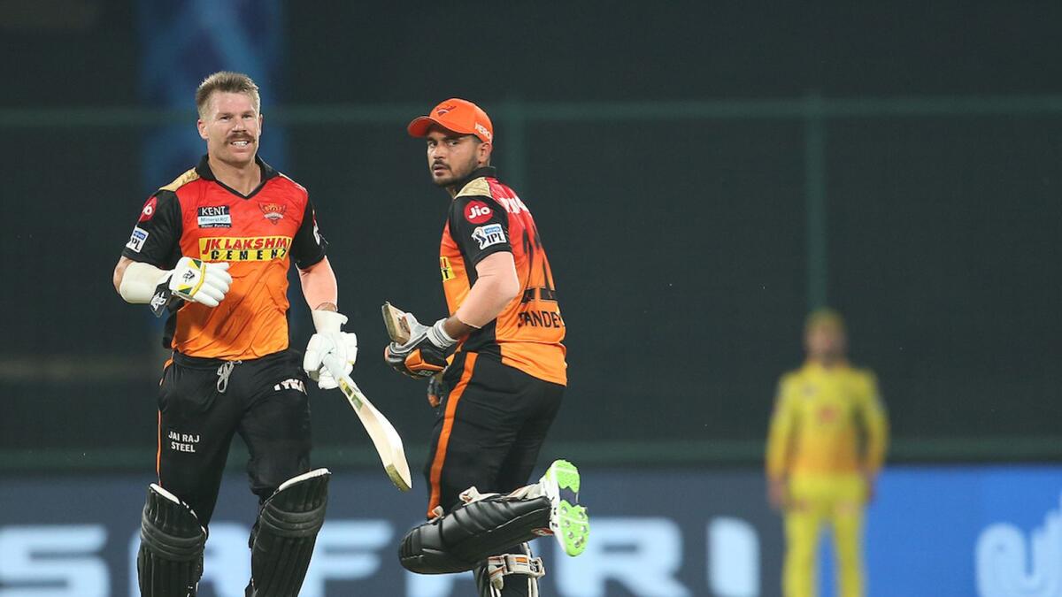 Sunrisers Hyderabad's David Warner (left) and Manish Pandey during the match against the Chennai Super Kings on Wednesday night. — BCCI/IPL