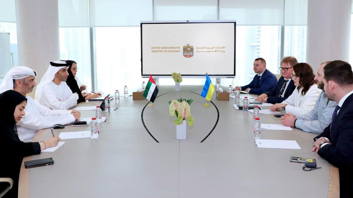 Dr Thani bin Ahmed Al Zeyoudi held a meeting with Yulia Svyrydenko and Taras Kachka to discuss the latest developments with regard to the establishment of a Cepa between the UAE and Ukraine. — Supplied photo