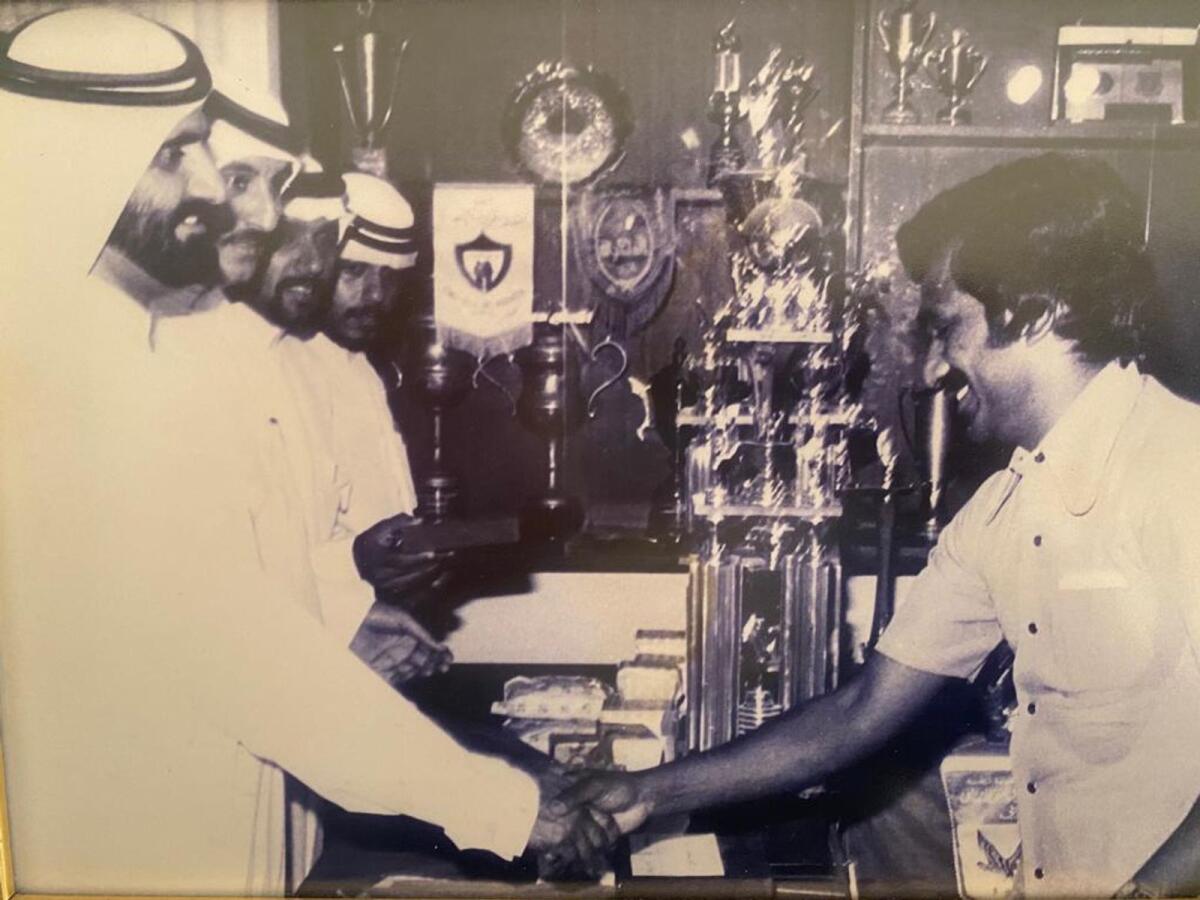 1st Warrant Officer (retired) Mushtaq Ahmed with His Highness Sheikh Mohammed bin Rashid Al Maktoum in the 1970s