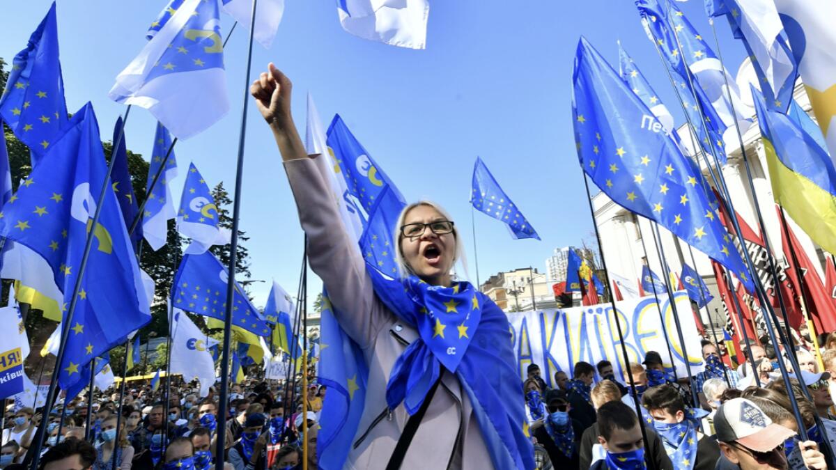 Opposition supporters protest against a bill to limit Ukrainian language in schools outside the parliament in Kiev. A deputy in the party of President Volodymyr Zelensky has proposed legislation that would reduce the use of Ukrainian language in schools. A large proportion of the population speaks Russian, which was the dominant language in the Soviet Union and the Tsarist era. Photo: AFP