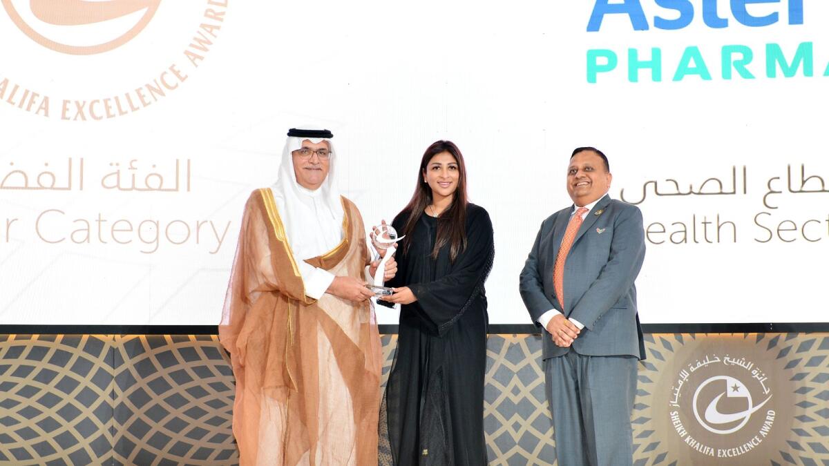 Ms Alisha Moopen, deputy managing director, Aster DM Healthcare, and N S Balasubramanian, chief executive officer, Aster Pharmacy, received the award from Sheikh Hamed bin Zayed Al Nahyan, Chairman of Abu Dhabi Crown Prince’s Court. — Supplied photo