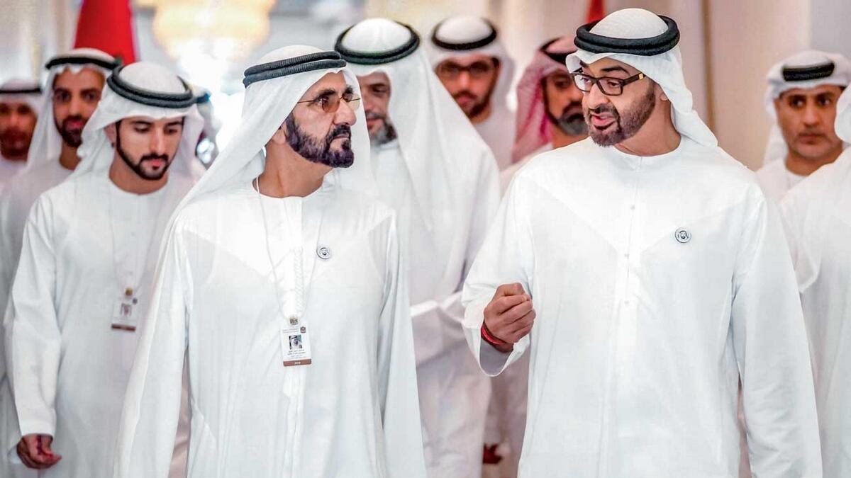 Sheikh Mohammed bin Rashid, Sheikh Mohamed bin Zayed, Sheikh Hamdan bin Mohammed bin Rashid Al Maktoum, attend the second annual government meetings in Abu Dhabi. — Wam