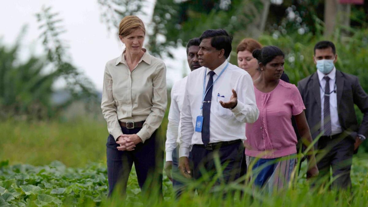 USAID administrator Samantha Power speaks with agriculture specialists of UN's FAO and rice farmers during a visit to a paddy field in Ja-Ela on the outskirts of Colombo. — AP