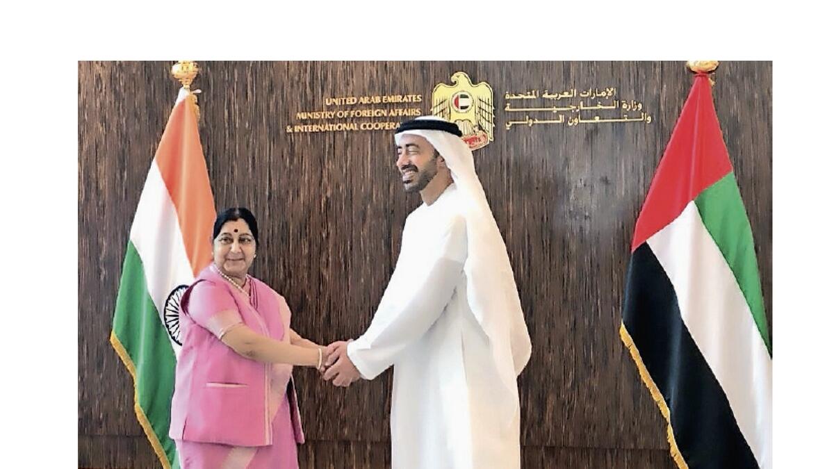Sheikh Abdullah greets Sushma Swaraj at the India-UAE Joint Commission meeting in Abu Dhabi.