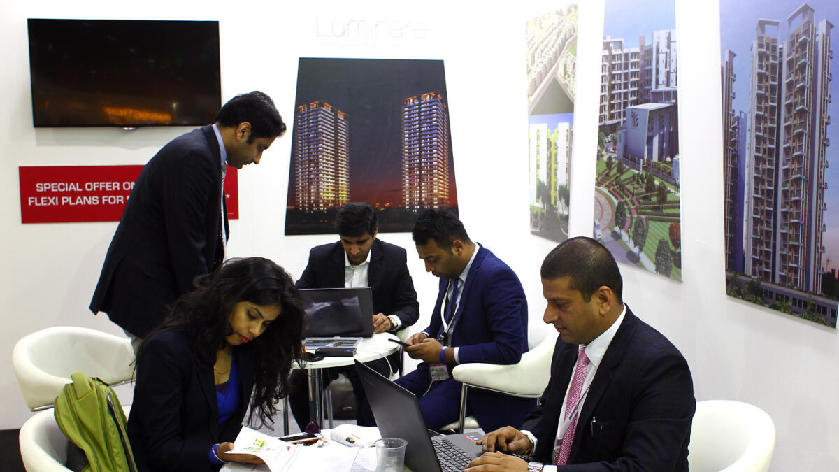 BZ011215-SK-INDIANPROPERTYExhibitors and visitors at Mahindra lifespaces pavilion during the opening of Indian Property show at DWTC on Tuesday. 01 December,2015. Photo by Shihab