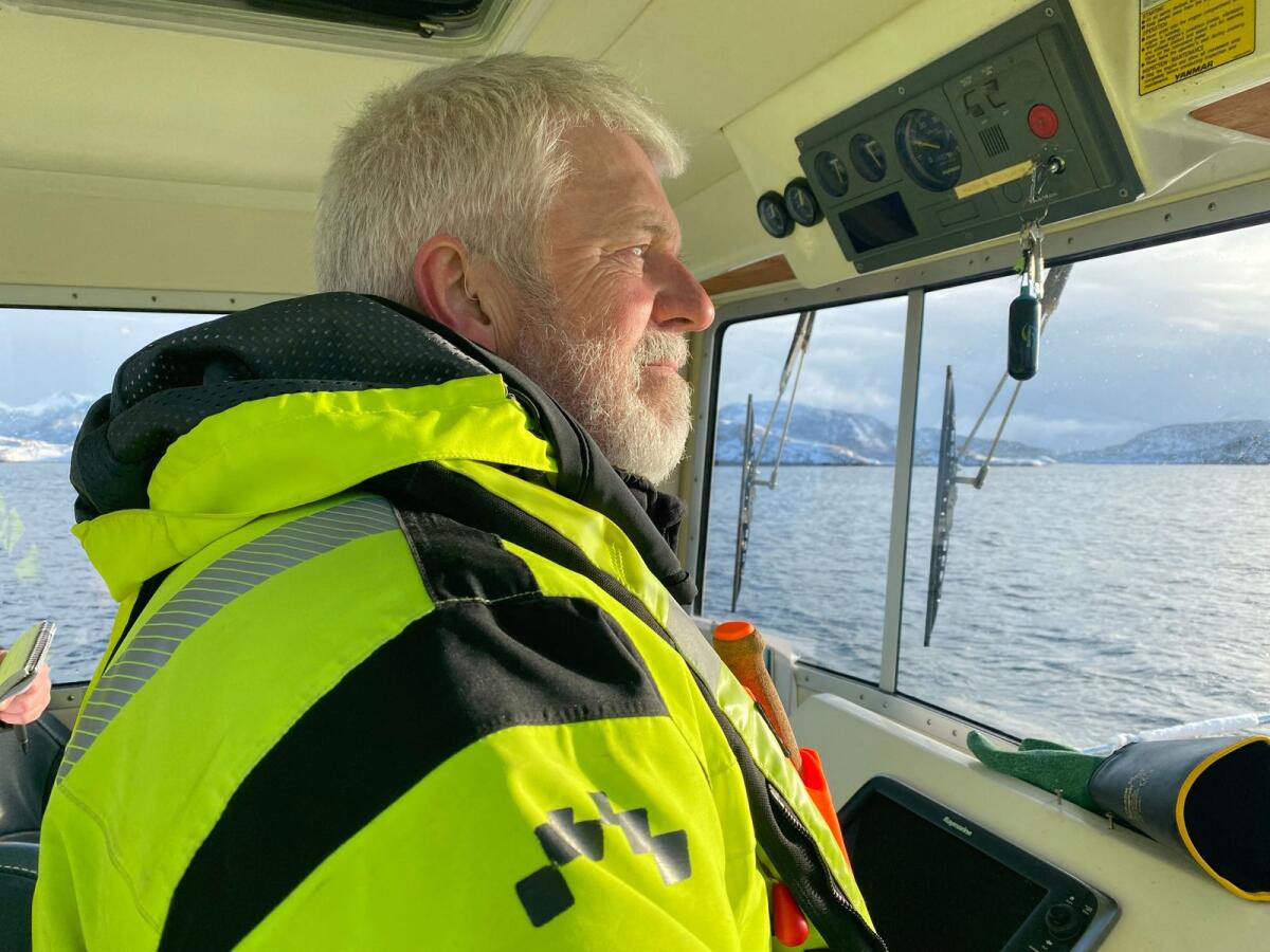 Operations manager Magnulf Giske is seen on a boat on the site of the Oksebasen fish farm, in Giske, Norway, on February 5, 2024. — AFP