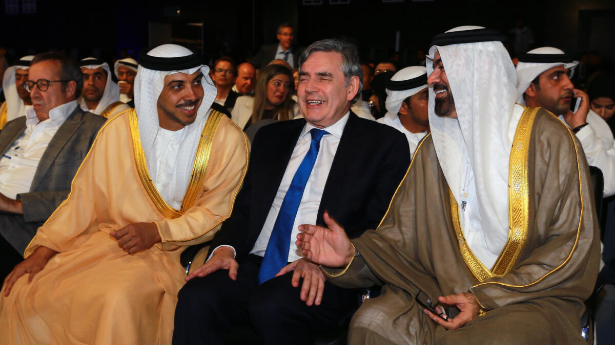 Shaikh Mansour bin Zayed Al Nahyan; Gordon Brown, former British Prime Minister; and Mohammed Abdullah Al Gergawi, UAE Minister of Cabinet Affairs, at the summit.