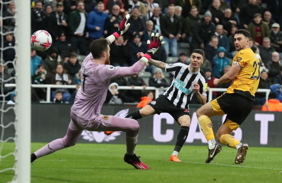 Newcastle United's Miguel Almiron scores their second goal. — Reuters