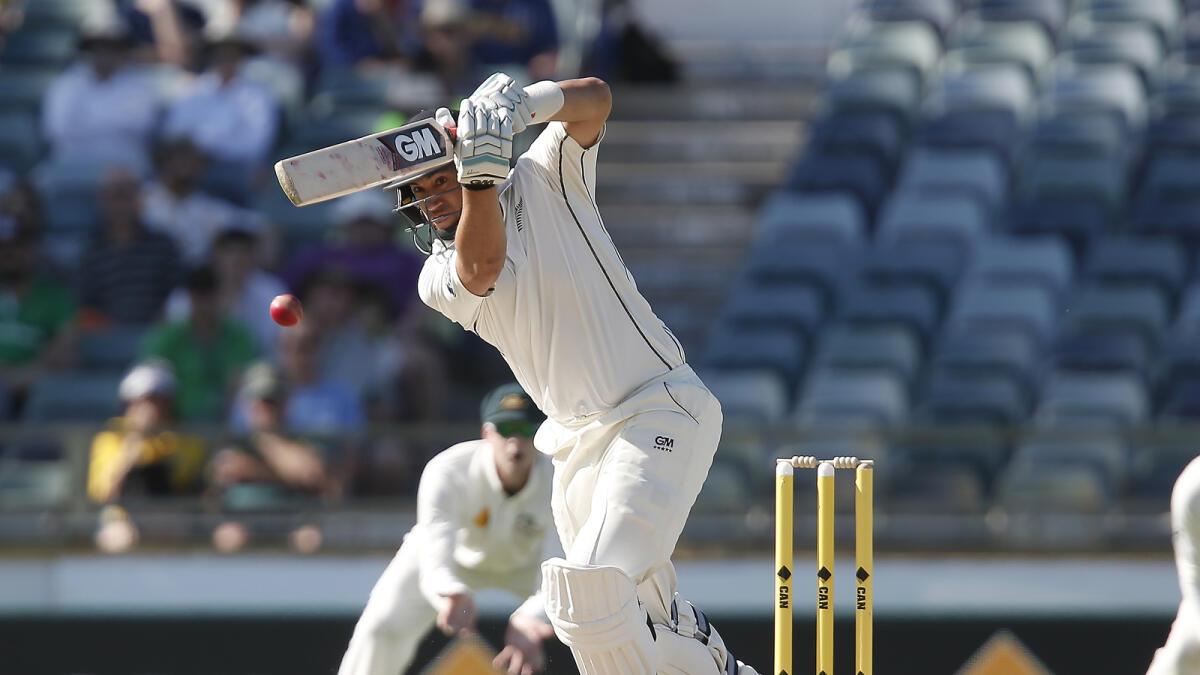 New Zealand's Ross Taylor plays a stroke against Australia during their cricket test match in Perth, Australia, Sunday, Nov. 15, 2015. (AP Photo/Theron Kirkman)