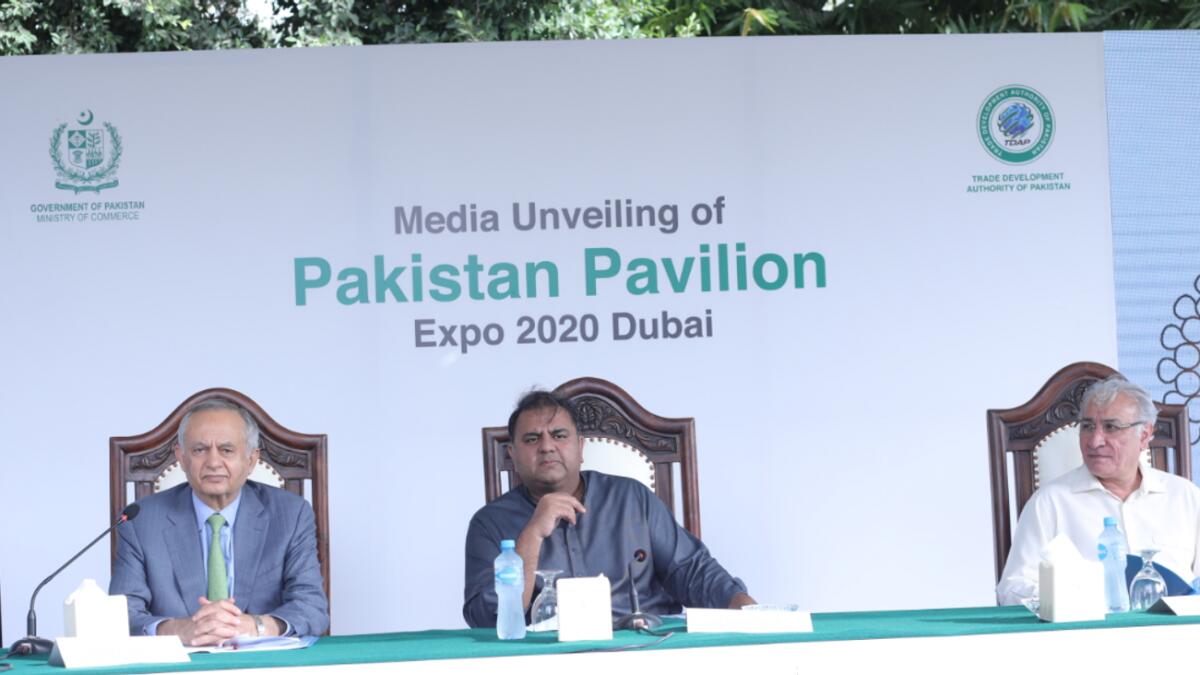 Chaudhary Fawad Hussain, Minister of Information and Broadcasting, Pakistan; Abdul Razak Dawood, Advisor to the Pakistan’s Prime Minister Imran Khan for Commerce &amp; Investment; and Arif Ahmed Khan, Chief Executive of Trade Development Authority of Pakistan, addressing the press conference in Karachi on Sunday. Supplied photo