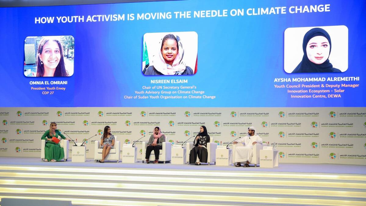 Omnia El Omrani, President Youth Envoy, COP 27; Nisreen Elsaim, Chair of UN Secretary General’s Youth Advisory Group on Climate Change; Aysha Mohammad AlRemeithi, Youth Council President &amp; Deputy Manager, Innovation Ecosystem – Solar Innovation Centre, DEWA; and Ahmed Alrebati, Senior Environment Engineer – Projects &amp; Studies, ENOC were the key speakers at the panel.
