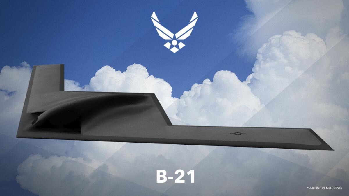 This undated artist rendering shows a US Air Force graphic of the Long Range Strike Bomber, designated the B-21. — AP