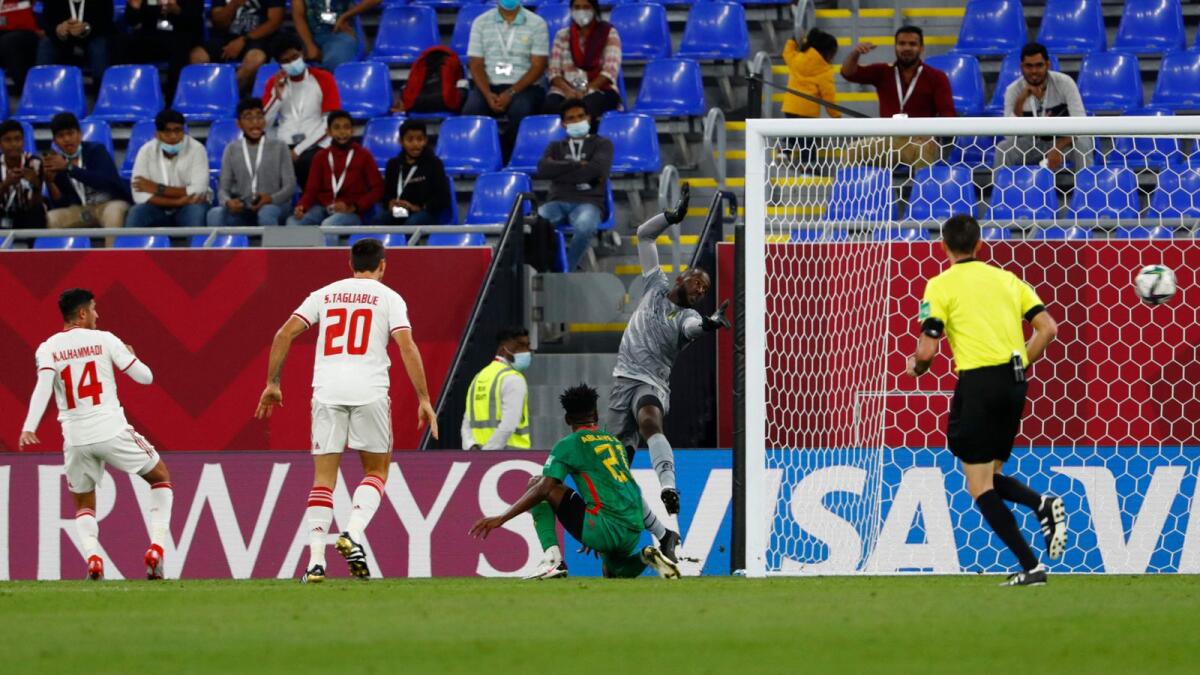 UAE’s Khalil Alhammadi (left) scores in the injury time against Mauritania in the Fifa Arab Cup Group B match at the Ras Abu Aboud Stadium in Doha on Friday. (AFP)