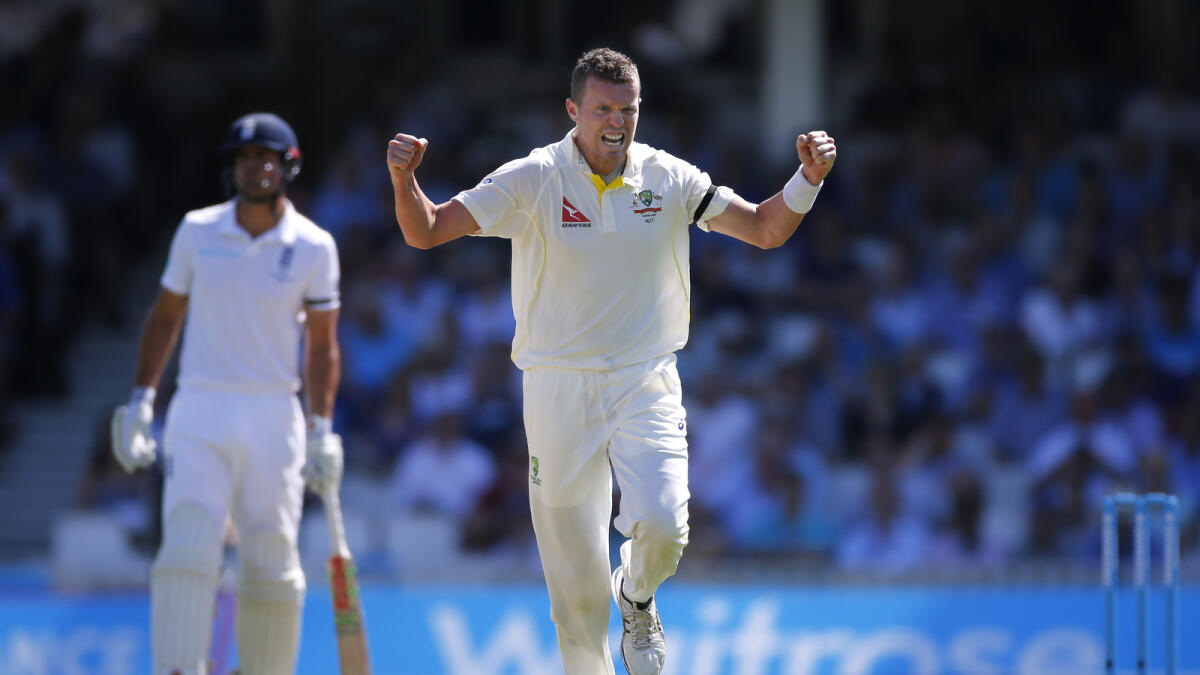 Australia’s Peter Siddle celebrates after dismissing England opening batsman Adam Lyth on the third day of the fifth and final Ahses match on Saturday. — Reuters