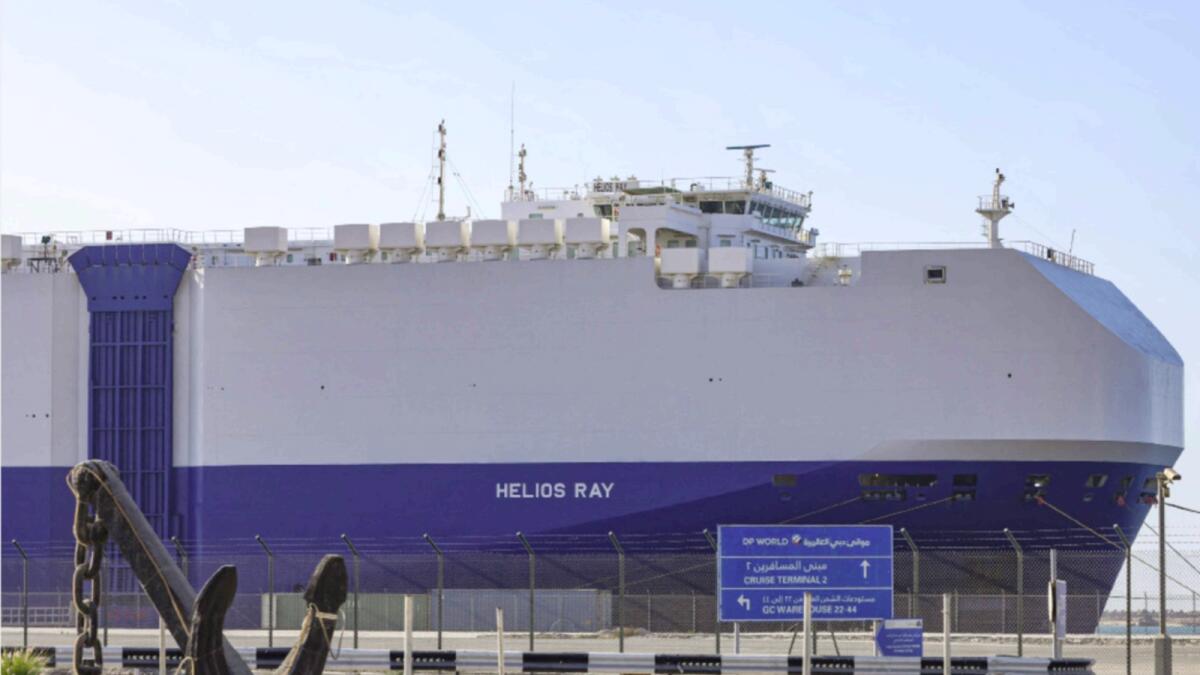 Israeli-owned Bahamian-flagged MV Helios Ray cargo ship docked in Dubai's Port Rashid cruise terminal. The MV Helios Ray, a vehicle carrier, was travelling from  Dammam to Singapore when a blast occurred on February 25, according to the London-based Dryad Global maritime security group. — AFP