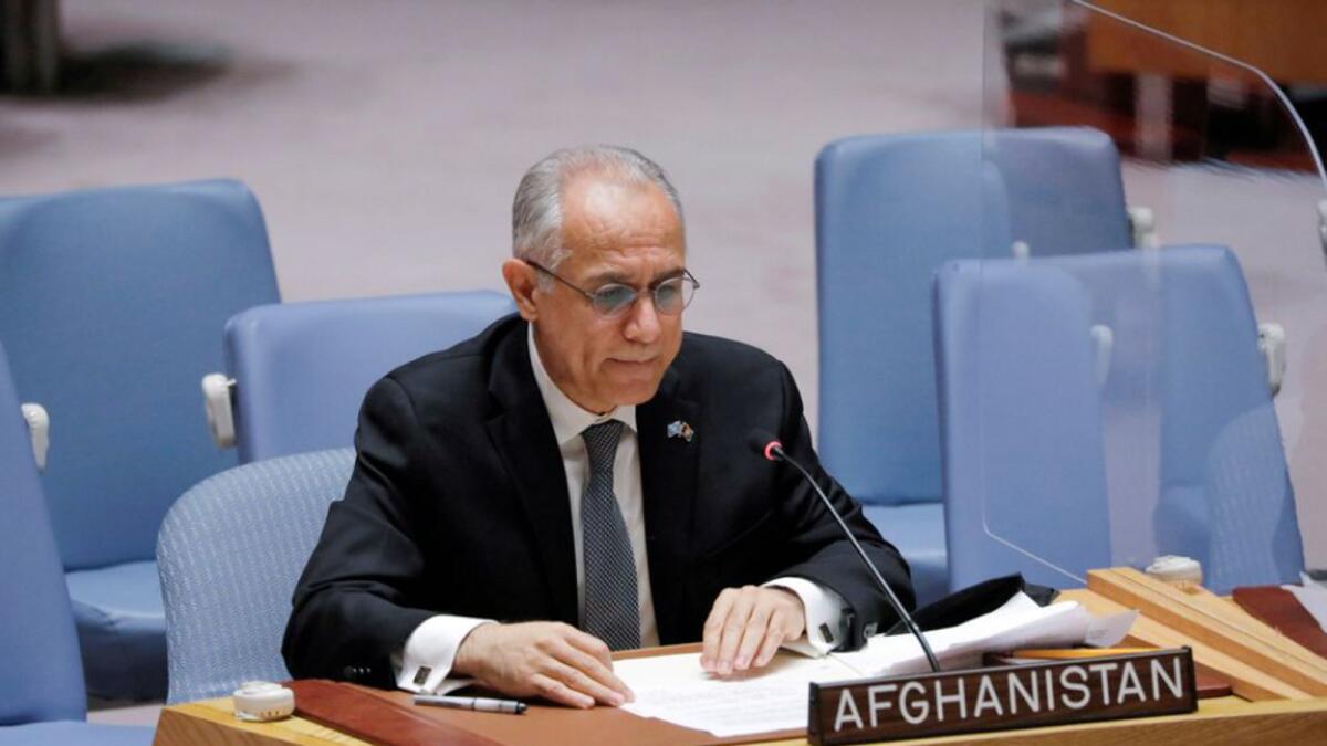 Afghanistan's U.N. ambassador Ghulam Isaczai addresses the United Nations Security Council regarding the situation in Afghanistan at the United Nations in New York City, New York, U.S., August 16, 2021. REUTERS