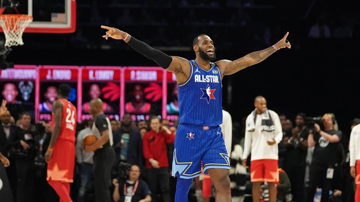 Team LeBron forward LeBron James of the Los Angeles Lakers celebrates in the fourth quarter of the 2020 NBA All Star Game at United Center.