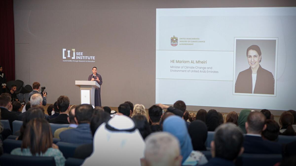 Mariam bint Mohammed Almheiri addresses the 12th National Dialogue for Climate Ambition. — Supplied photo