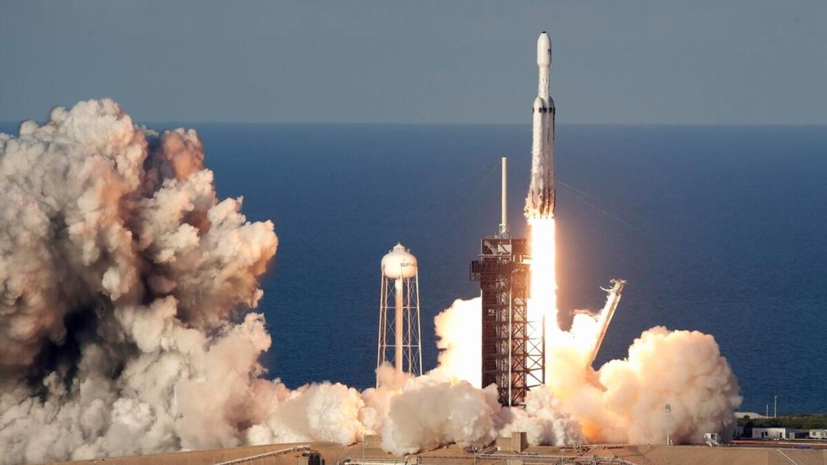 Cape Canaveral: A SpaceX Falcon Heavy rocket carrying a communication satellite lifts off from pad 39A at the Kennedy Space Center in Cape Canaveral, Fla., Thursday, April 11, 2019. AP/PTI(AP4_12_2019_000007A)