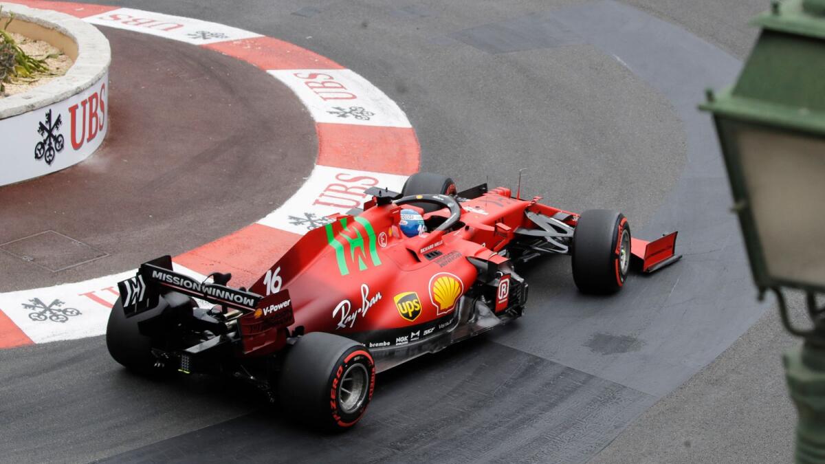 Ferrari driver Charles Leclerc of Monaco steers his car during the third free practice for Sunday's Formula One race. — AP
