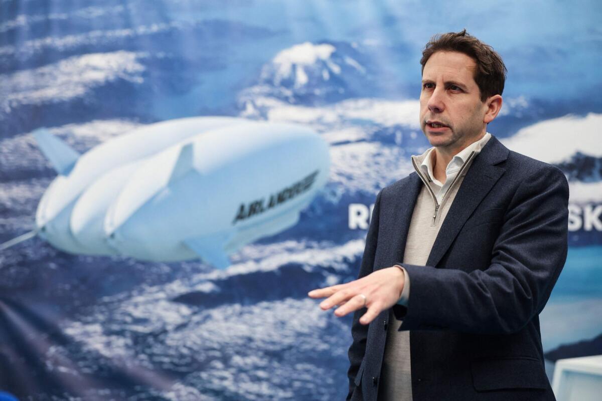 Hybrid Air Vehicles Chief Executive Officer Tom Grundy speaks during an interview with the press at the company headquarters in Bedford, England, on February 26, 2024. — AFP