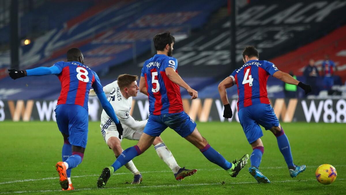Leicester's Harvey Barnes (second left) scores a goal against Crystal Palace during the English Premier League match. — AP