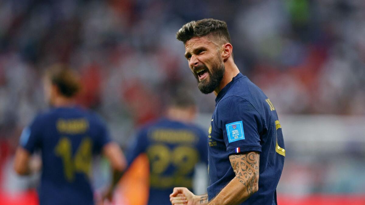 France's Olivier Giroud celebrates scoring their second goal in match against England. — Reuters