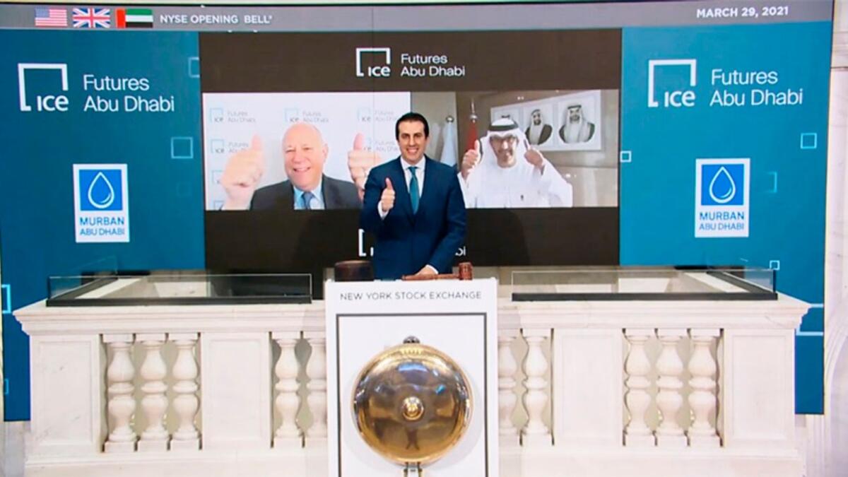 Dr Sultan Al Jaber and Jeffrey Sprecher at the virtual event to mark the opening bell at the NYSE on Monday. — Supplied photo