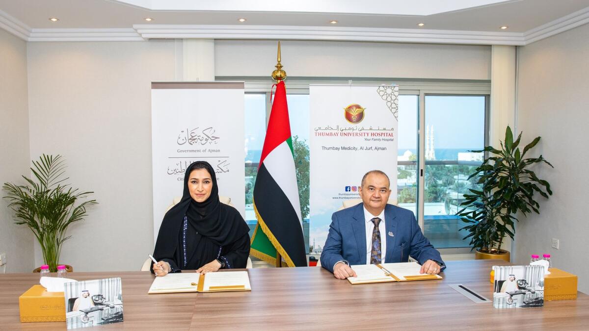Maryam Ali Al Memary, CEO ,Citizen Affairs Office, Government of Ajman and Dr. Essam Soliman M. Atta ,Associate Director, Business Development &amp; Medical Affairs Healthcare Division, Thumbay Group at the signing ceremony of the health campaign. Supplied photo
