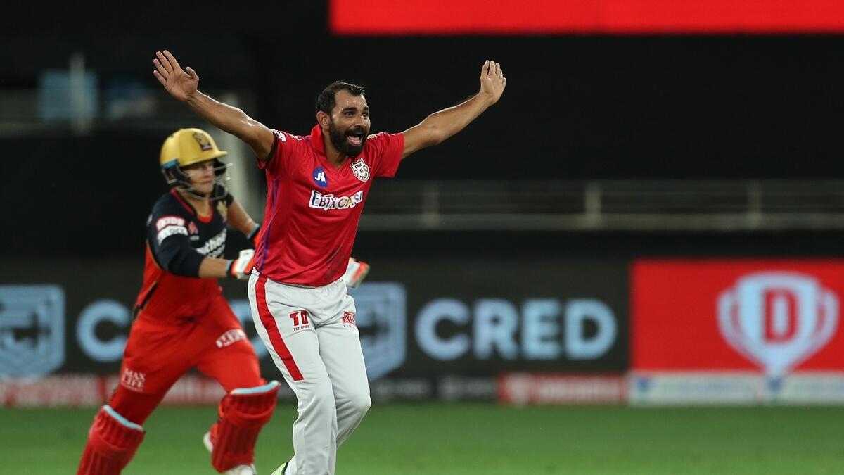 Mohammad Shami of Kings XI Punjab appeals for the wicket of Joshua Philippe of Royal Challengers Bangalore. (IPL)