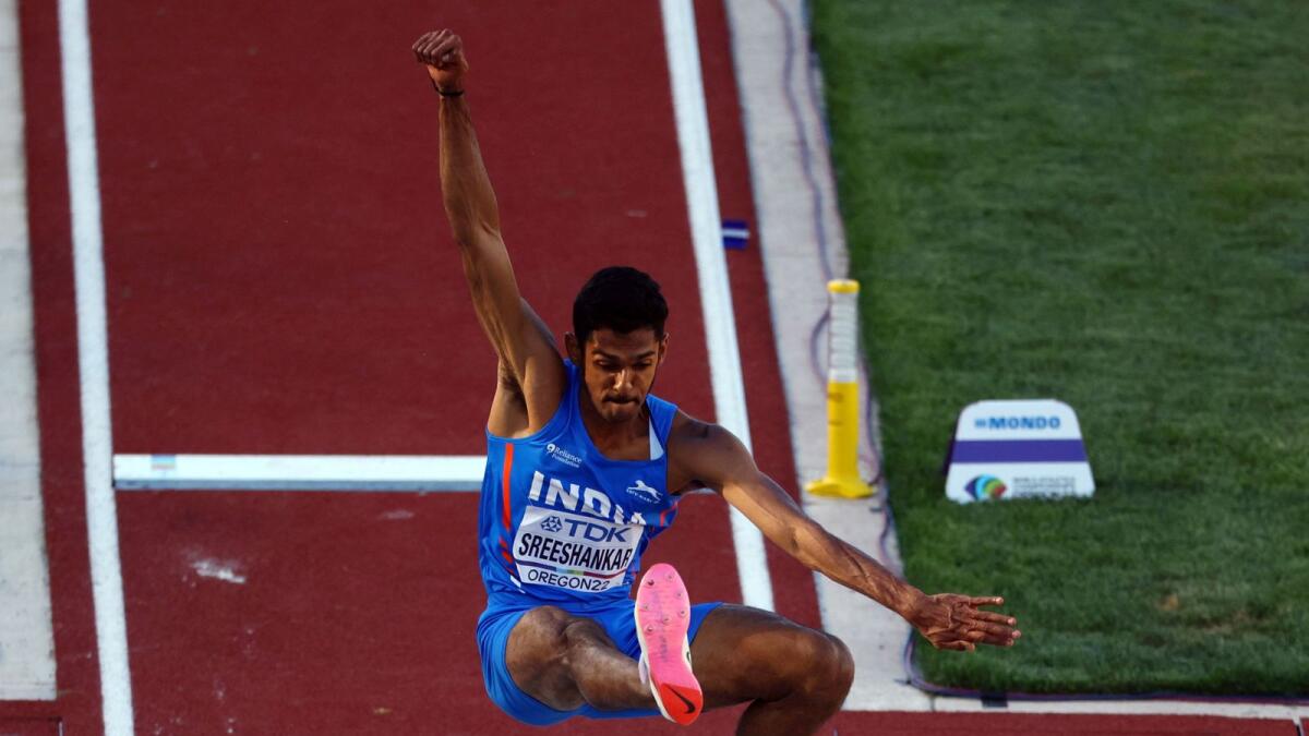 India's Murali Sreeshankar in action during the men's long jump qualification. — Reuters