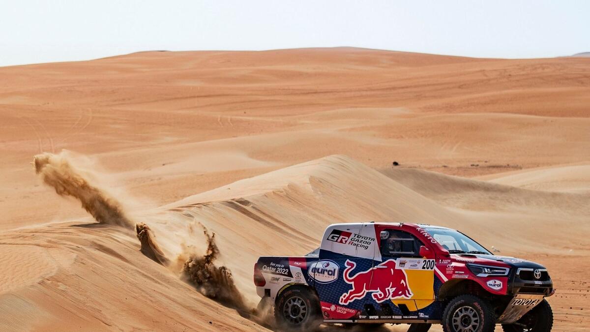 Nasser Al Attiyah and Mathieu Baumel stretched their overall advantage in a Toyota Hilux at the Abu Dhabi Desert Challenge. (Supplied photo)
