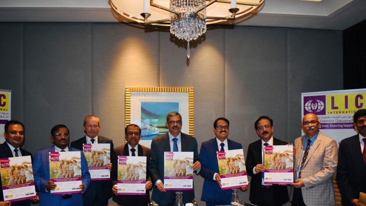 M R Kumar, chairman, LIC of India, and other officials at the launch of a new ULIP scheme in the UAE in Abu Dhabi on Tuesday. — Supplied photo